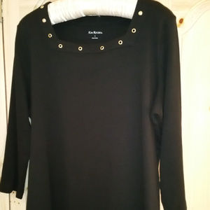 Kim Rogers Embellished Square Neck Knit Top Large 3/4 Sleeve Black Knit
